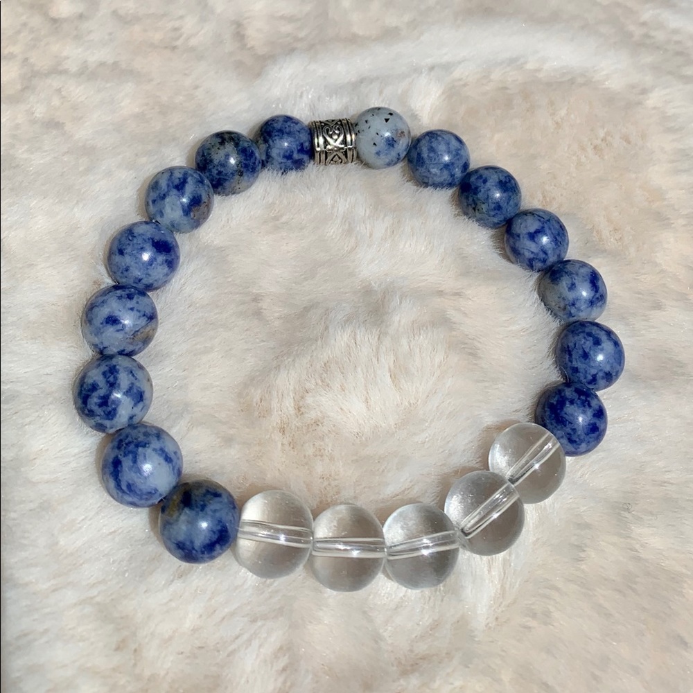 Men’s bead bracelet blue marble with clear glass